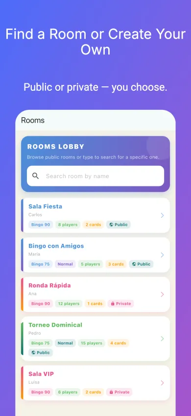 Find a room or create your own — rooms lobby with public and private rooms