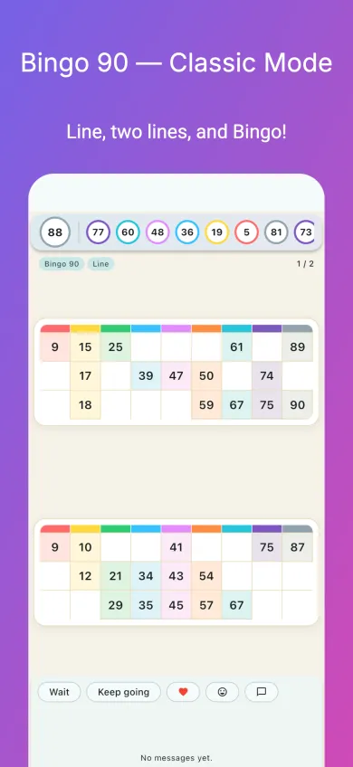 Bingo 90 classic mode — line, two lines, and bingo win patterns