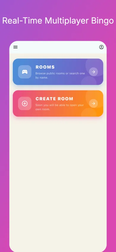 Real-time multiplayer bingo — home screen with rooms and create room options