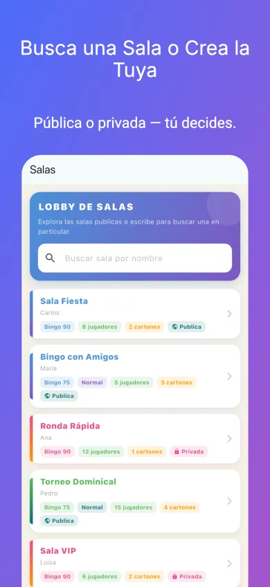 Encuentra una sala o crea la tuya — lobby con salas públicas y privadas