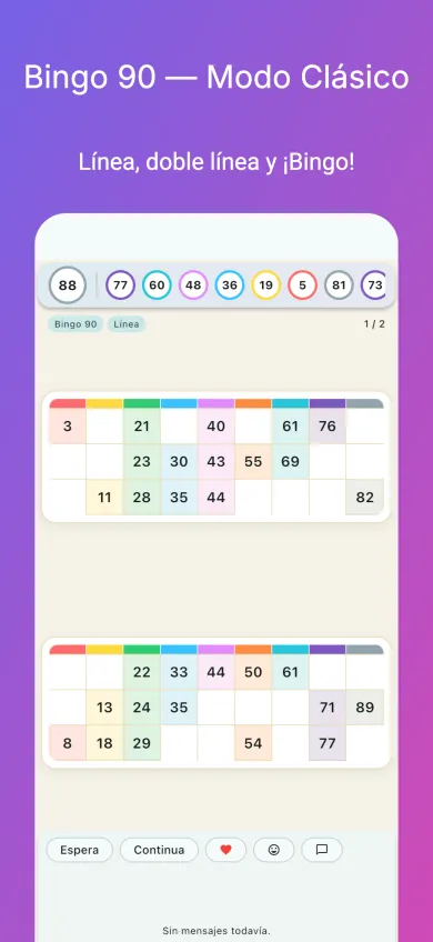Bingo 90 modo clásico — línea, dos líneas y bingo